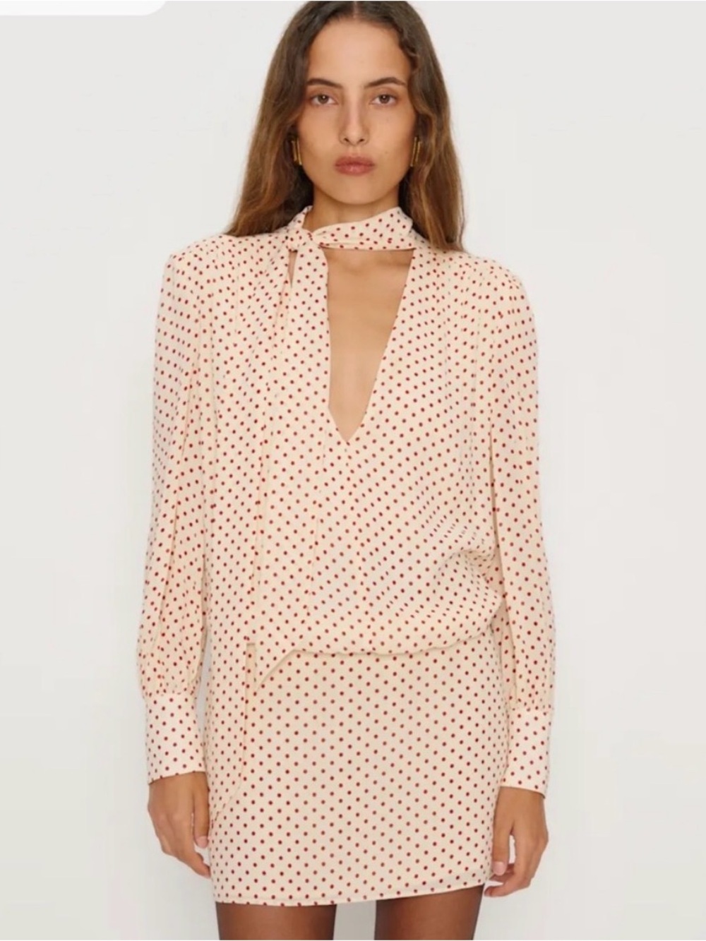 Reformation Cream Blouson Dress with Red Polka Dots and Neck Tie (Size 2, NWOT)